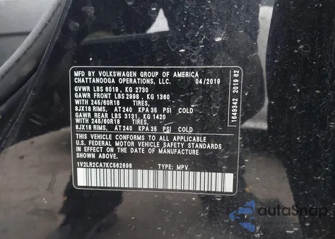 2019 Volkswagen Atlas 3.6L V6 Se from USA, damaged, VIN 1V2LR2CA7KC562898